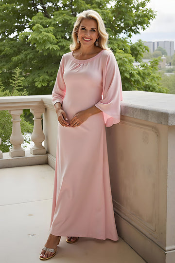 A-Line Candy Pink Round Neck 3/4 Sleeves Long Mother of the Bride Dress
